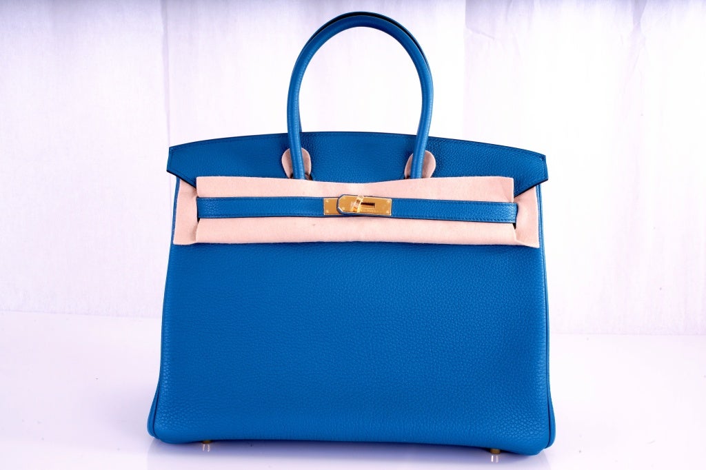 As always, another one of my fab finds, Hermes 35cm Birkin Bag in a beautiful BLUE COBALT A fabulous new color. LOVE IT! togo leather & dreamy gold hardware. The bag is brand new stamped P. This bag comes with lock, keys, clochette, a sleeper for