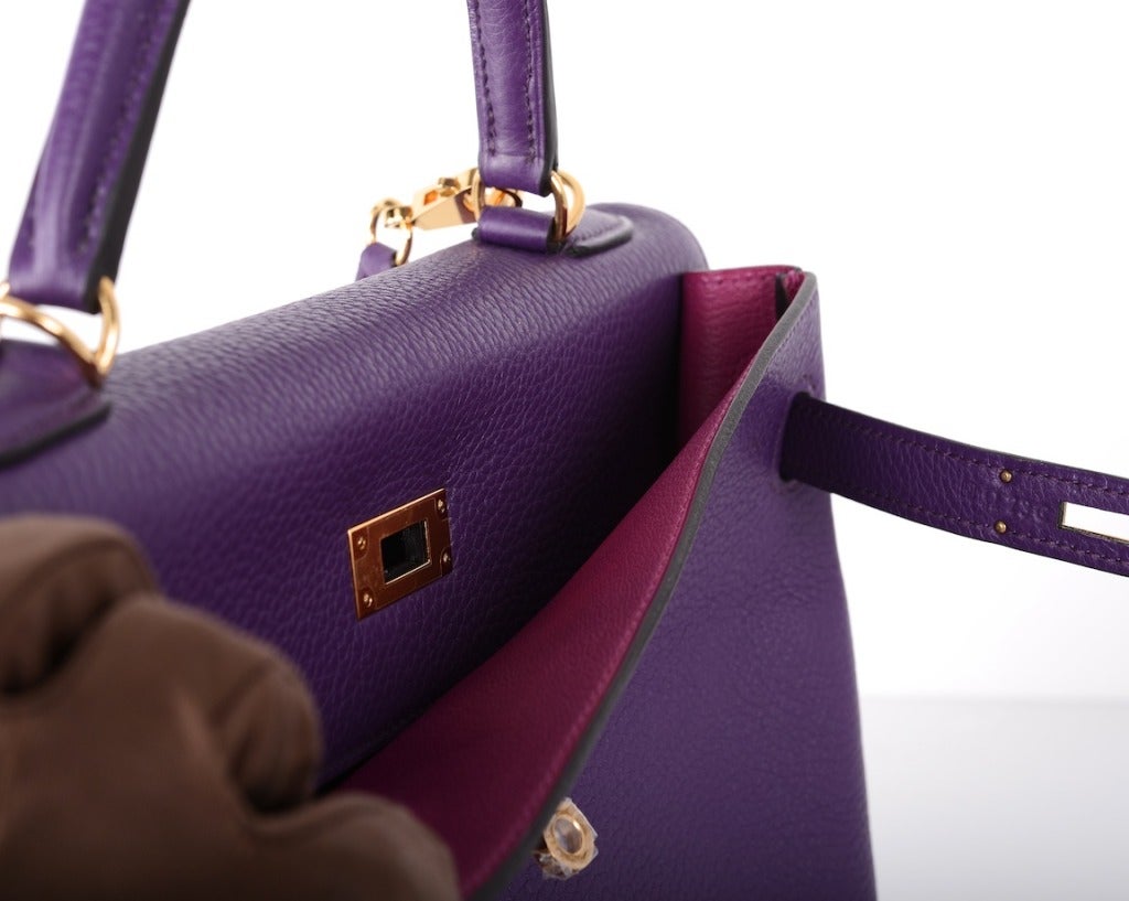IT'S HERE! Special Order Hermes Kelly 32CM Bag Ultra Violet /Tosca Gold Hardware In New Condition In NYC Tri-State/Miami, NY