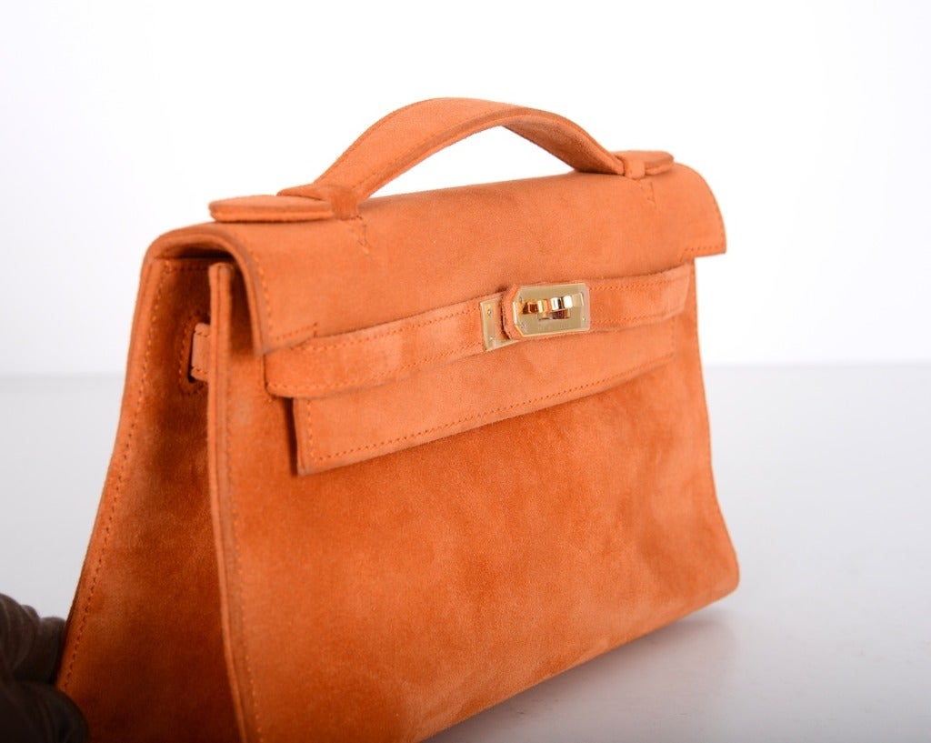 JF Hermes Limited KP Kelly Bag Pochette Suede Hot Orange Gold Hardware Fab In Excellent Condition In NYC Tri-State/Miami, NY