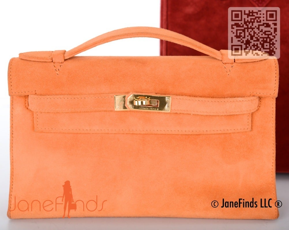 JF Hermes Limited KP Kelly Bag Pochette Suede Hot Orange Gold Hardware Fab 1