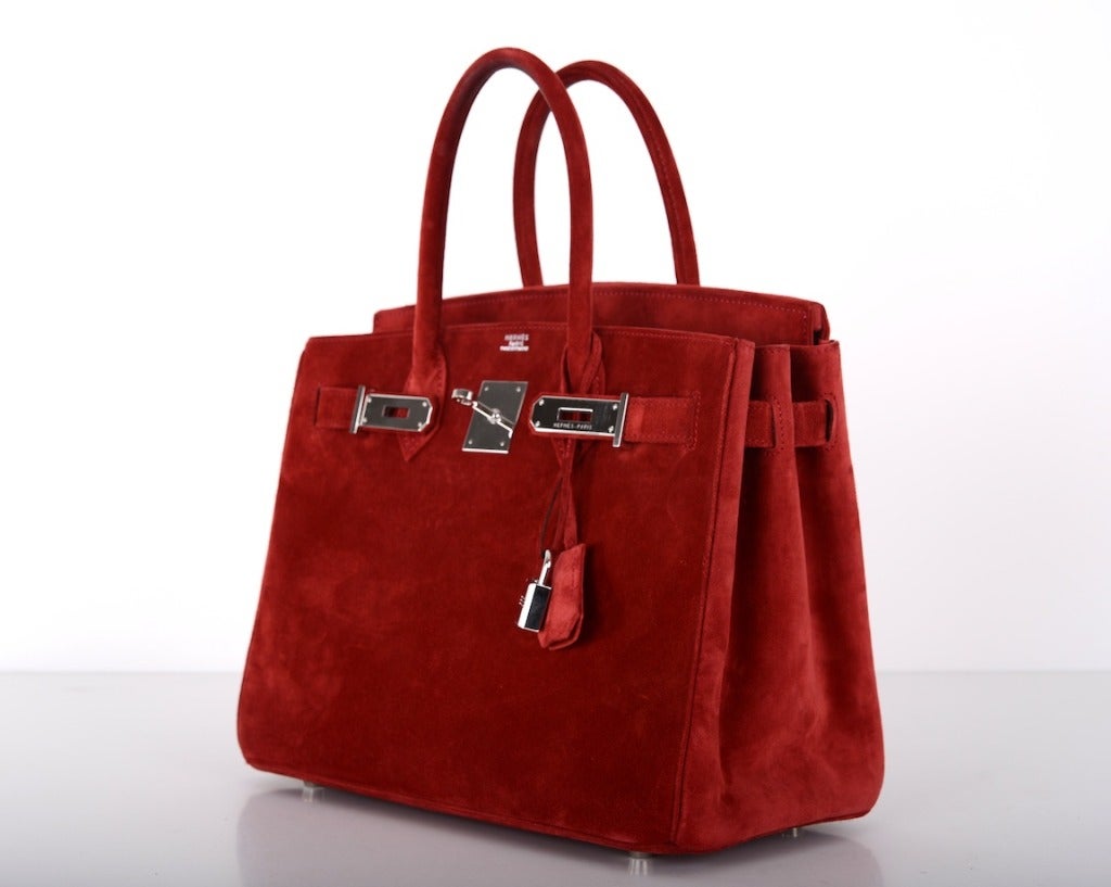 Women's WOWZA HOT RED SUEDE! HERMES 30cm BIRKIN BAG ROUGE GARANCE SUEDE PALLADIUM