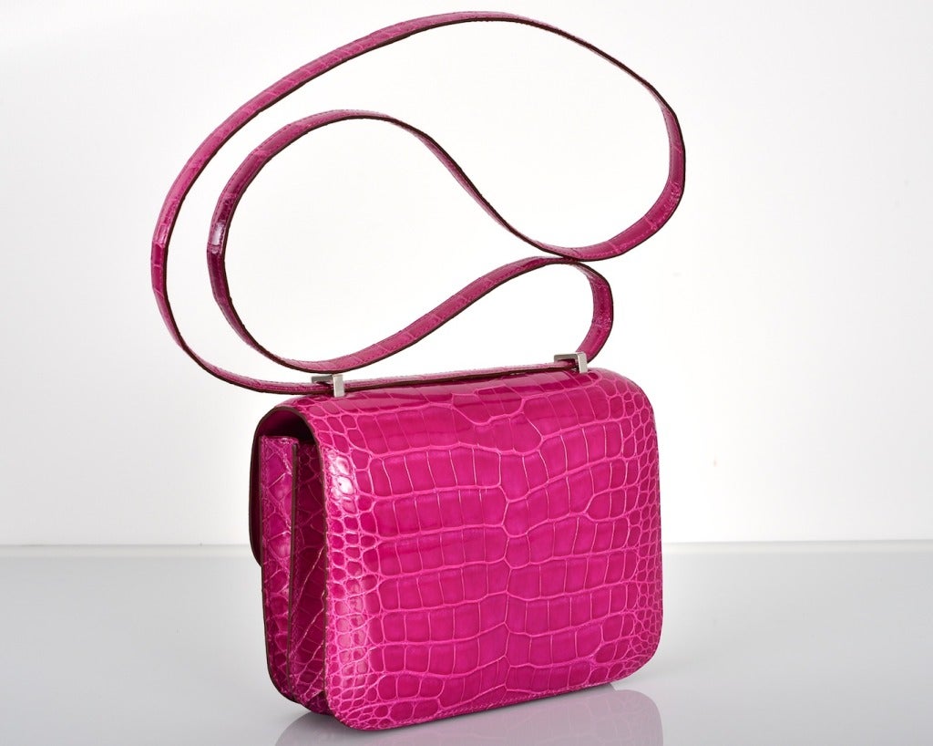 JEWEL HERMES CONSTANCE BAG CROCODILE 18cm ROSE SCHEHERAZADE In New Condition In NYC Tri-State/Miami, NY