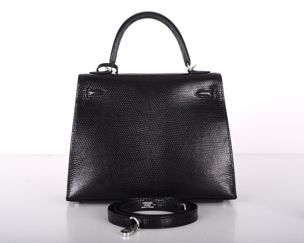 HERMES KELLY Bag 25CM Black Lizard Palladium Hardware VERY RARE In New Condition In NYC Tri-State/Miami, NY