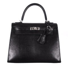 HERMES KELLY Bag 25CM Black Lizard Palladium Hardware VERY RARE