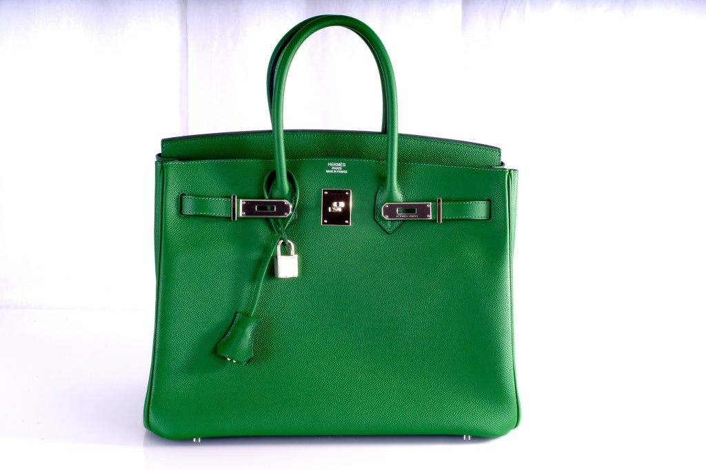 As always, another one of my fab finds, Hermes 35cm Birkin in beautiful bright grass green Vert Bengale EPSOM leather with PALLADIUM hardware — This bag comes with lock, keys, clochette, a sleeper for the bag, and rain protector, box — The bag is