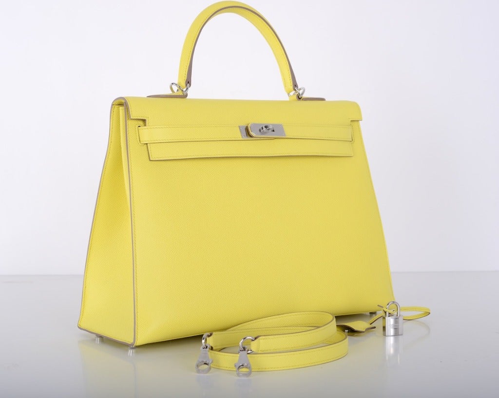 Yellow HERMES KELLY BAG 35cm GORGEOUS LIME SOUFRE EPSOM W PALLADIUM JaneFinds