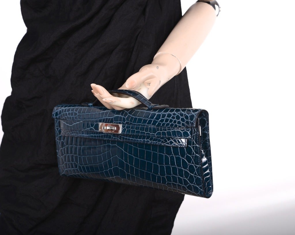 HERMES KELLY Blue Tempete Crocodile Bag KELLY CUT CLUTCH POCHETTE at  1stDibs