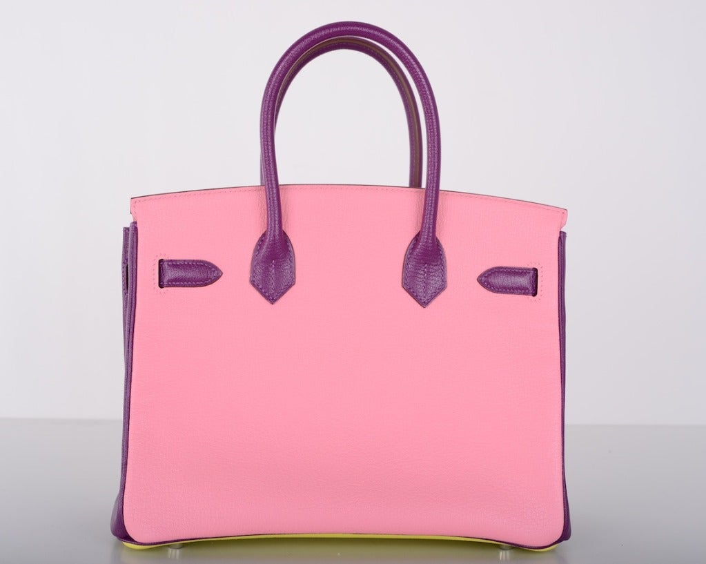 Hermes Birkin BAG Tri Color HSS 3OCM PINK ULTRA VIOLET SOUFRE CHEVRE JaneFinds In New Condition In NYC Tri-State/Miami, NY