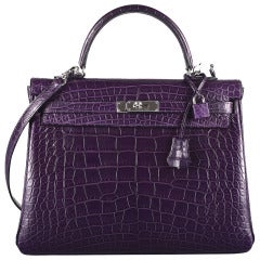 Hermes Kelly Retourne 28 Amethyst Matte Crocodile Alligator Handbag