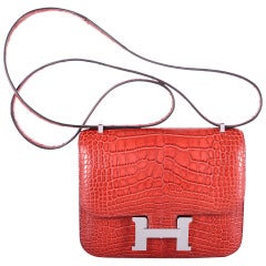 HERMES CONSTANCE BAG ALLIGATOR 18cm ROUGE H WITH PALL HARDWARE JaneFinds