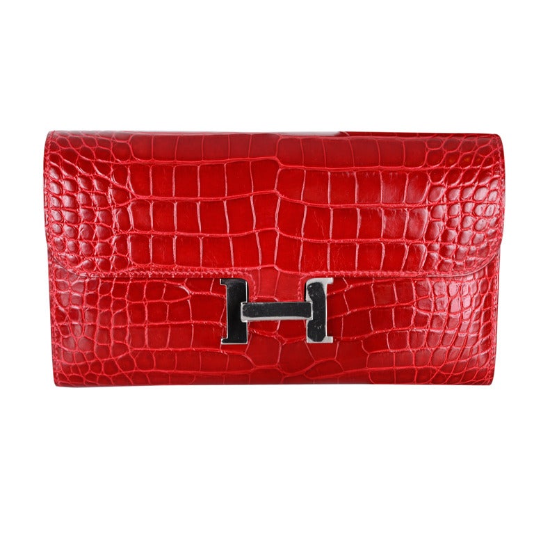 HERMES CROCODILE CONSTANCE Long Wallet CLUTCH POCHETTE BRAISE PALL at  1stDibs