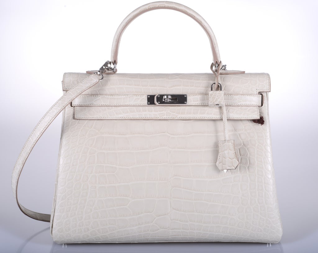 Women's HERMES KELLY BAG 35cm BETON MATTE ALLIGATOR WITH PALLADIUM HARDWARE