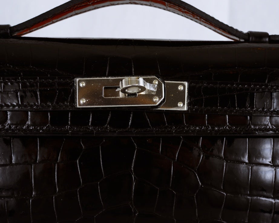 Women's HERMES CROCODILE BAG KELLY CUT CLUTCH POCHETTE BLACK PALL HW