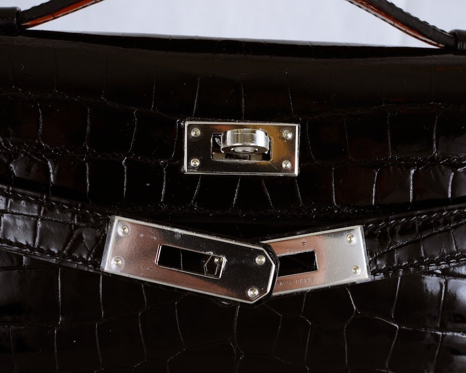 HERMES CROCODILE BAG KELLY CUT CLUTCH POCHETTE BLACK PALL HW 1