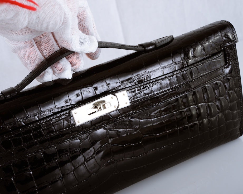 HERMES CROCODILE BAG KELLY CUT CLUTCH POCHETTE BLACK PALL HW 3