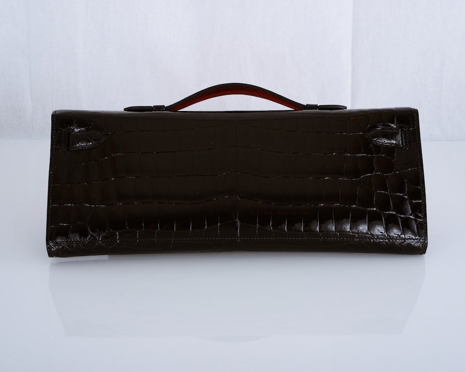 HERMES CROCODILE BAG KELLY CUT CLUTCH POCHETTE BLACK PALL HW 4
