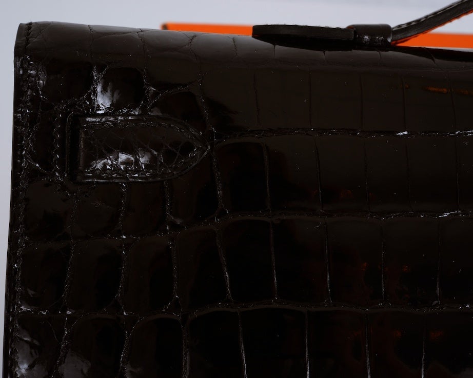 HERMES CROCODILE BAG KELLY CUT CLUTCH POCHETTE BLACK PALL HW 5