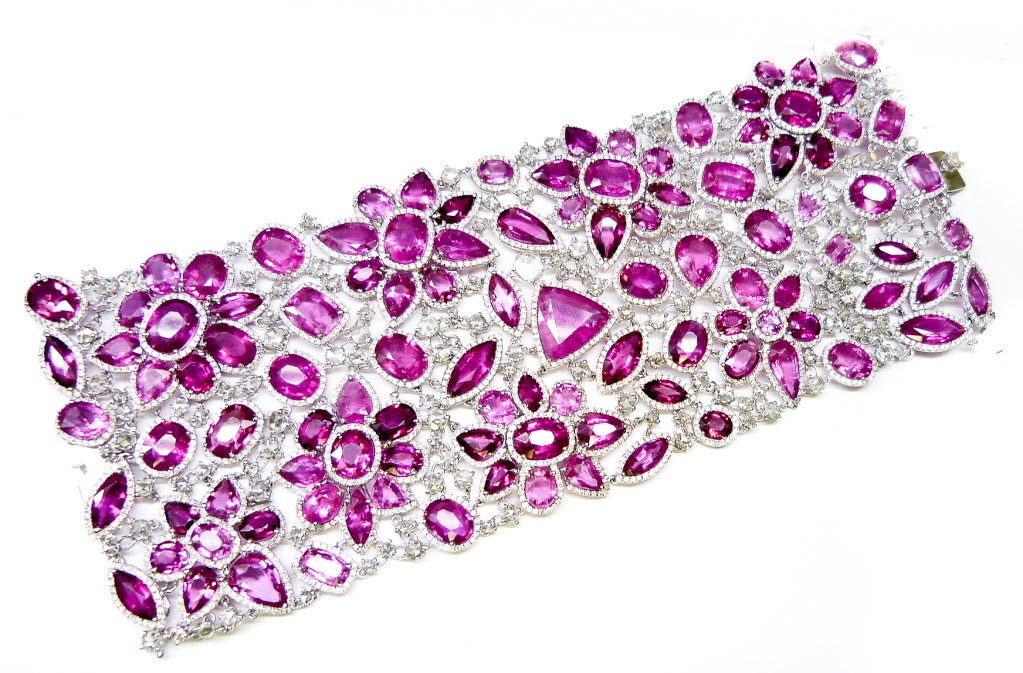 This Stunning 18 KT white gold tourmaline and diamond bracelet, features 150 Carats of fine quality Tourmaline, along with 23 Carats of brilliant cut and rose cut diamonds.


This bracelet is designed by Diana M. for her exclusive 