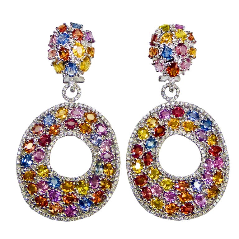 Multi  Colored Sapphire and Diamond Earrings