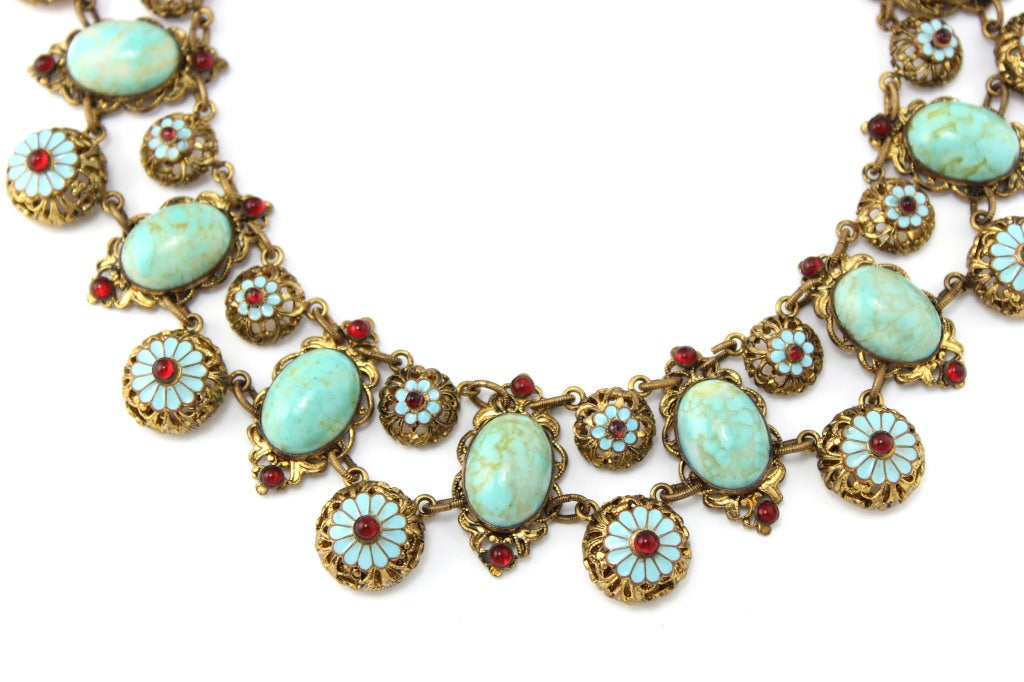 Unsigned Hungarian necklace. Turquoise stones and enamel turquoise flowers with red stones.
