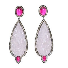 SUTRA Pave Diamond  Pink Tourmaline & Pink Jade Earrings