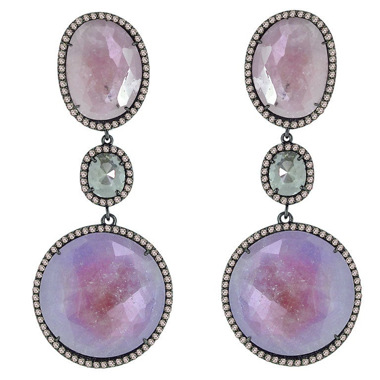 SUTRA Pinkish Purple Sapphire Slice & Rose Cut Diamond Earrings For Sale