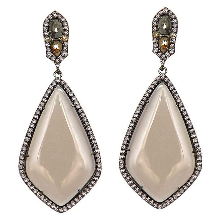 SUTRA Smoky Quartz Earrings Colored Rose Cuts White Diamonds For Sale