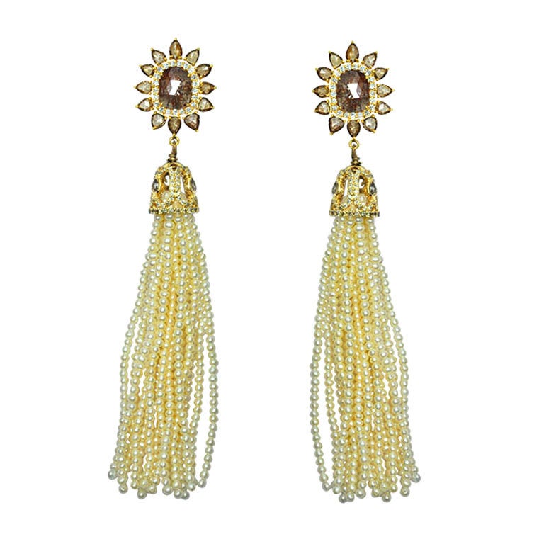 SUTRA Gold Rough and Rose cut  Diamond & Pearl Tassel Earrings For Sale