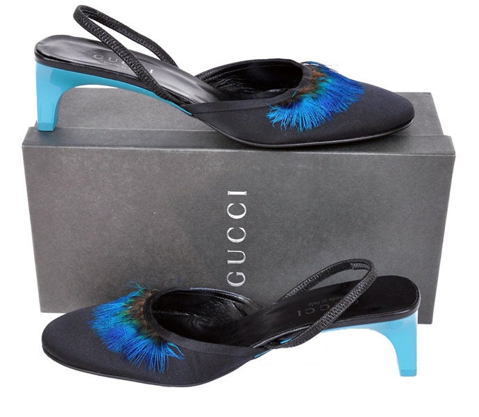 Women's NEWS/S 99 TOM FORD for GUCCI BLACK CREPE SATIN SHOES WITH BLUE FEATHERS