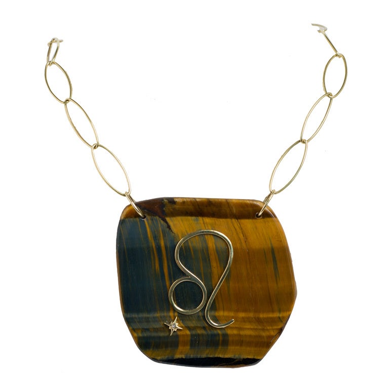 Gold and Tiger's Eye Zodiac Charm with Diamond Star For Sale
