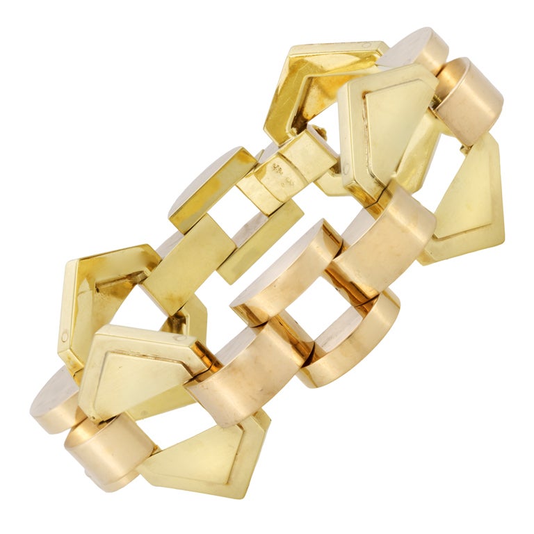 Retro 14K Rose and Yellow Gold Geometric Link Bracelet For Sale
