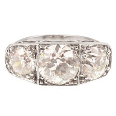 Art Deco Three-Stone Diamond Ring with Bead-Set Diamond Shoulder