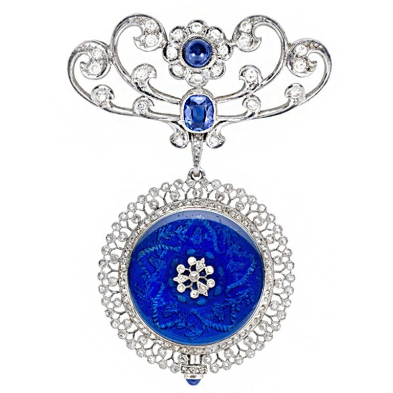 Edwardian Diamond, Sapphire and Blue Enamel Pendant Watch Pin