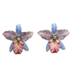 Enamel Orchid Earrings with Diamond Center