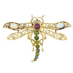 Antique Opal, Diamond, Tourmaline and Garnet Dragonfly Pin