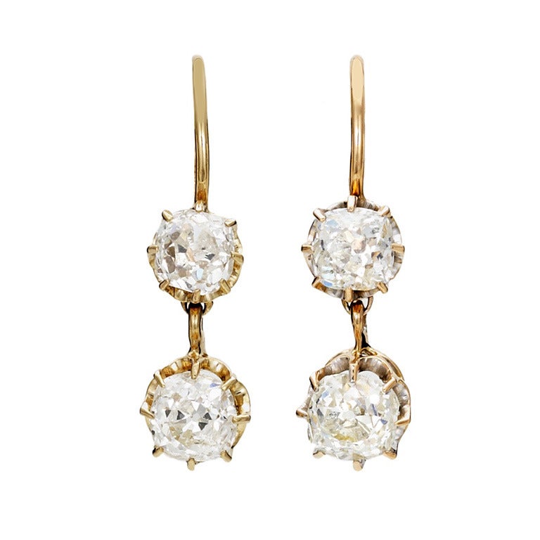 Late Victorian Old Mine-Cut Diamond Rose Gold Double Drop Earrings