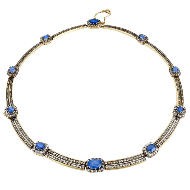 Early Victorian Graduated Sapphire and Diamond Cluster Collar