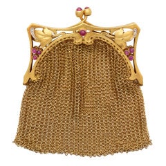 Art Nouveau Ruby Diamond Yellow Gold Mesh Coin Purse Pendant 1
