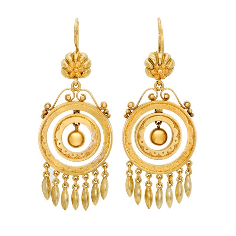Mid Victorian Gold Circular Drop Earrings with Fringe