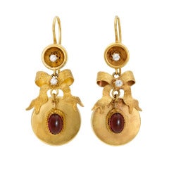 Mid Victorian Garnet and Diamond Drop Earrings with Bow