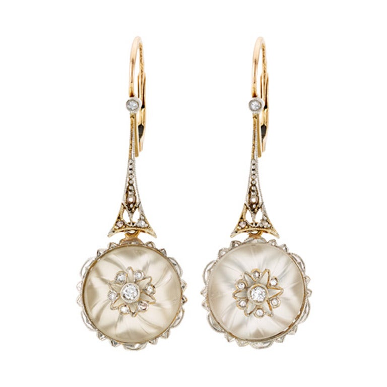 Edwardian Diamond and Carved Chalcedony Drop Earrings