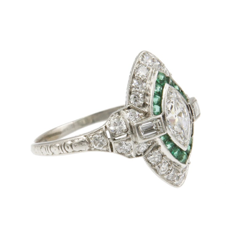 Art Deco Emerald Navette Diamond Target  Ring  at 1stdibs