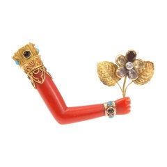 Antique Georgian Gemset Coral Brooch in the Form of an Arm and Hand Holding a Flower