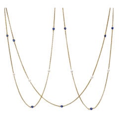French Gold Longuard Chain with Sapphires and Pearls