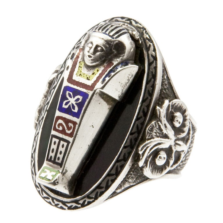 Art Deco Sterling Silver and Enamel Opening Sarcophagus Ring at 1stdibs