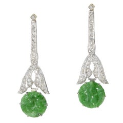 Antique Art Deco Diamond and Jadeite Drop Earrings