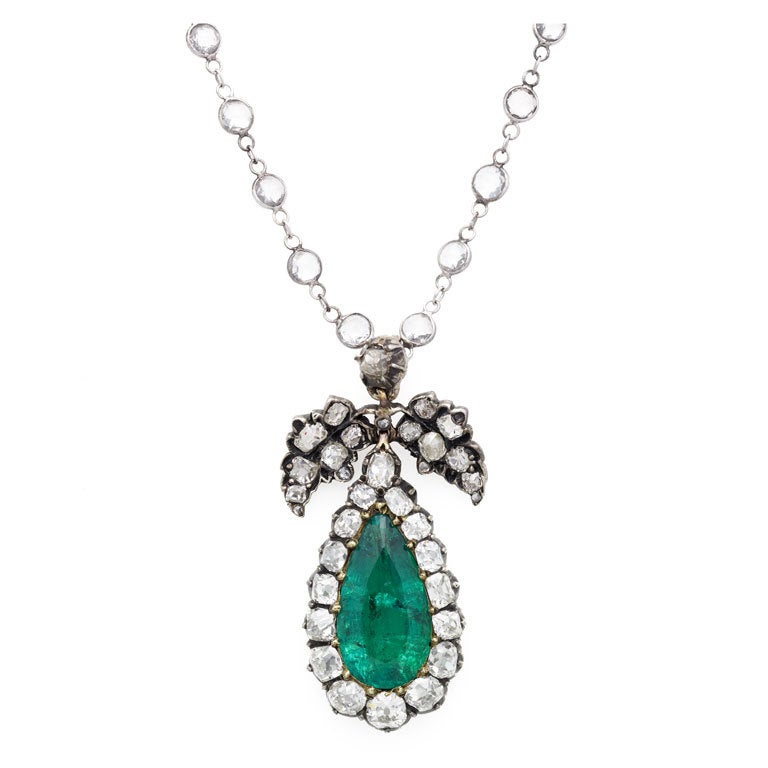 French Emerald and Diamond Pear-Shaped Cluster Pendant at 1stdibs