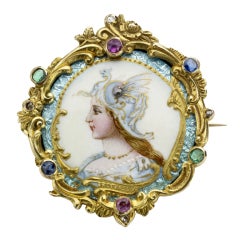 Art Nouveau Gemset Painted Enamel Pin Depicting Athena