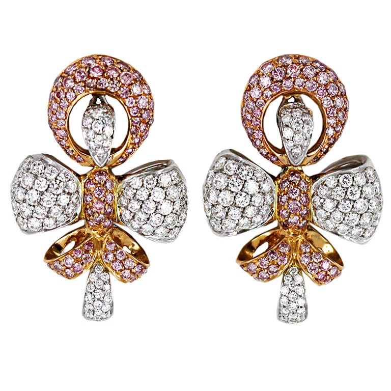 BOUCHERON Pink and White Diamond Bow Earrings at 1stdibs