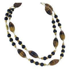 Long Tiger
s Eye, Onyx and Gold Beaded Chain Necklace